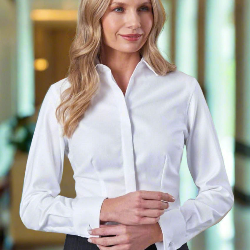 Villeta Ladies Herringbone Shirt Womens Long Sleeve Shirts Brook Taverner White Herringbone 6