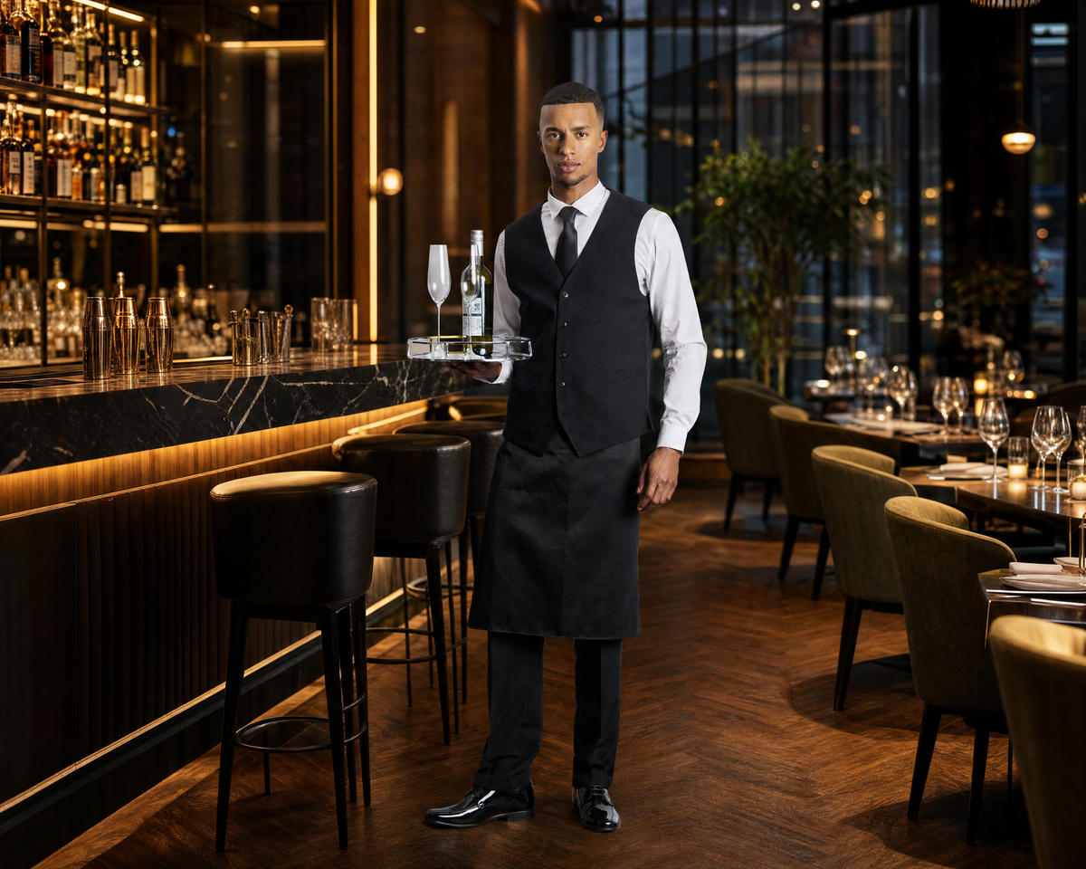 A male bartender or waiter in a black vest and apron stands in a dimly lit restaurant holding a silver tray with two champagne flutes and a bottle. The setting features a bar counter with stools on the left and dining tables with chairs on the right, with warm ambient lighting and a city skyline visible in the background.