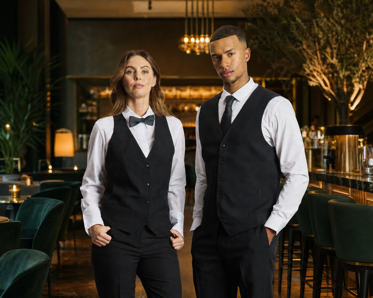 A man and a woman standing in a bar or restaurant setting, both wearing matching black vests, white dress shirts, black bow ties, and black trousers.