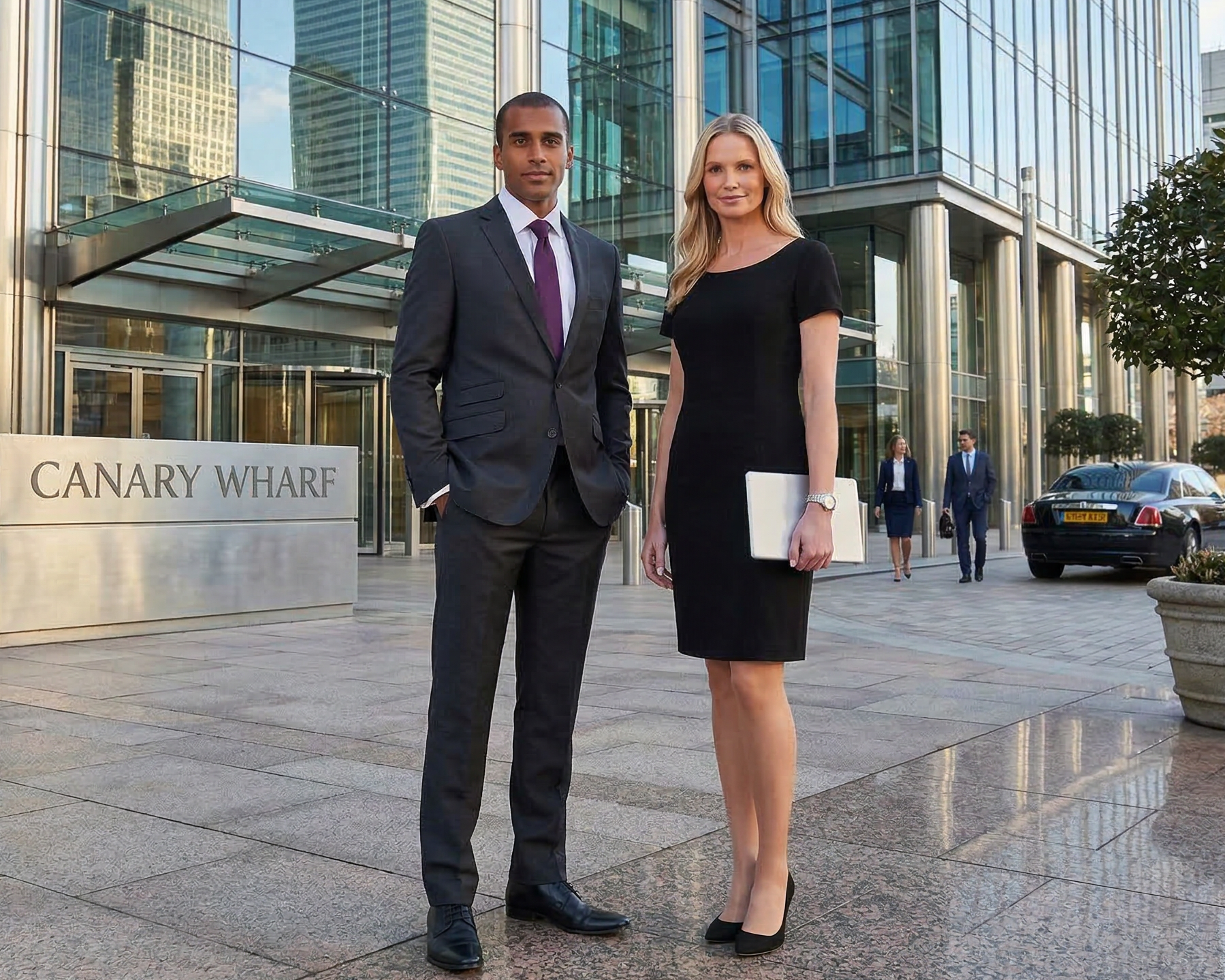A man and a woman stood at Canary Wharf in London wearing Brook Taverner Suits, the men on the left is wearing a Navy Brook Taverner suit and the woman a black brook taverner work dress