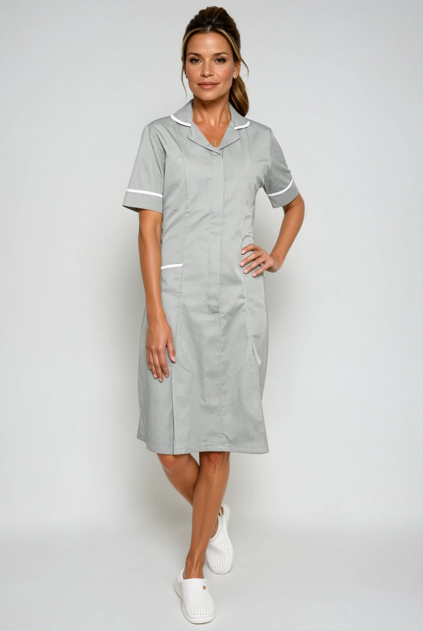 Grey/White Stripe Nurse Dress with White Trim Healthcare Dress Behrens 6 Short