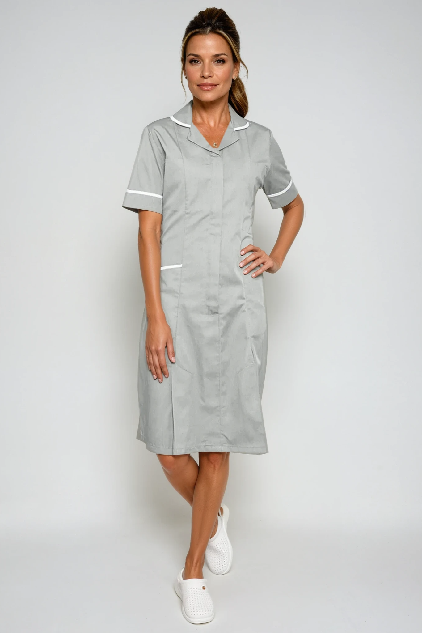 Grey/White Stripe Nurse Dress with White Trim Healthcare Dress Behrens 6 Short