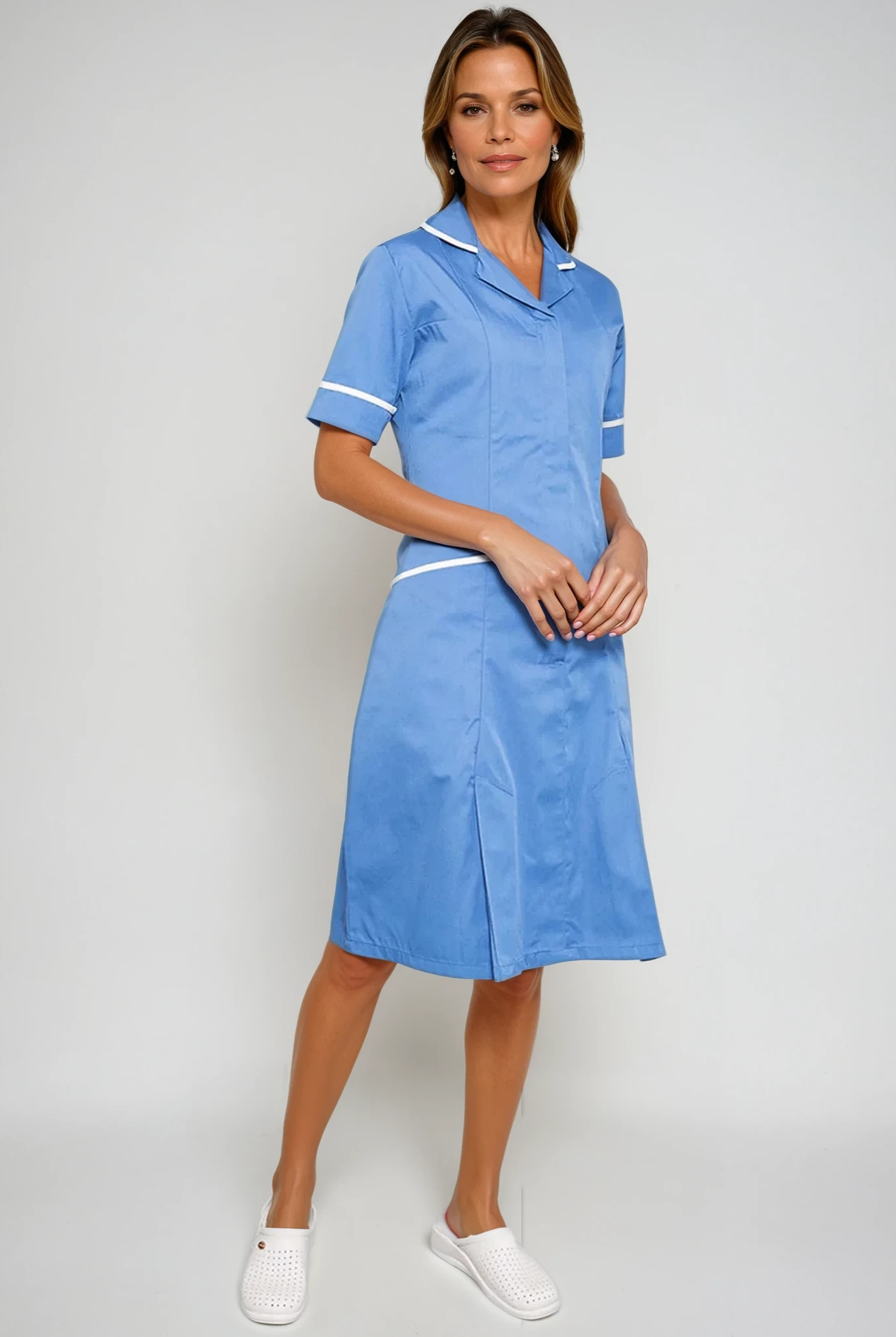 NCLD - Nurse Dress in Hospital Blue with White Trim Healthcare Dress Behrens Hospital Blue 6 Short