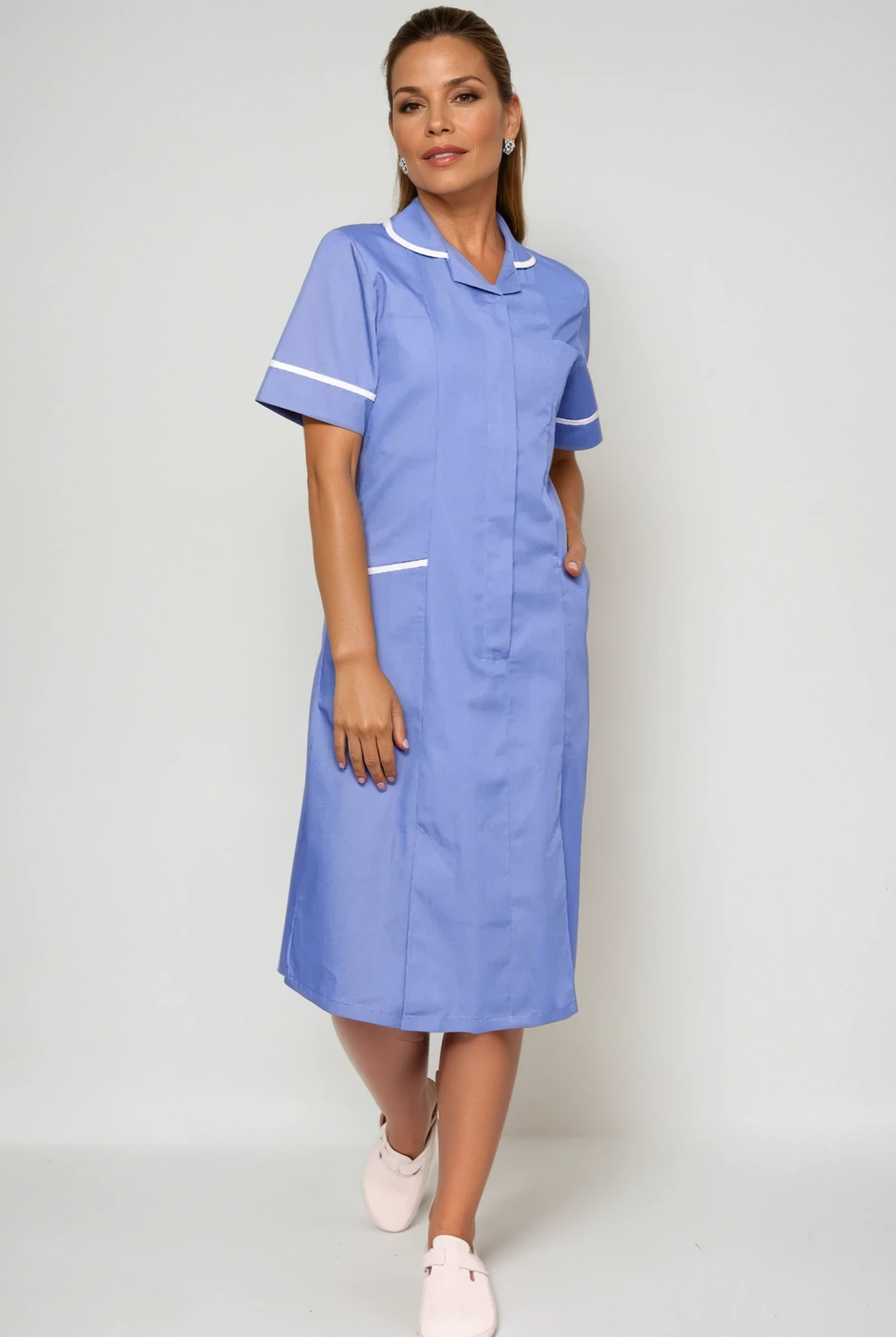 NCLD - Nurse Dress in Metro Blue with White Trim Healthcare Dress Behrens Metro Blue 6 Short