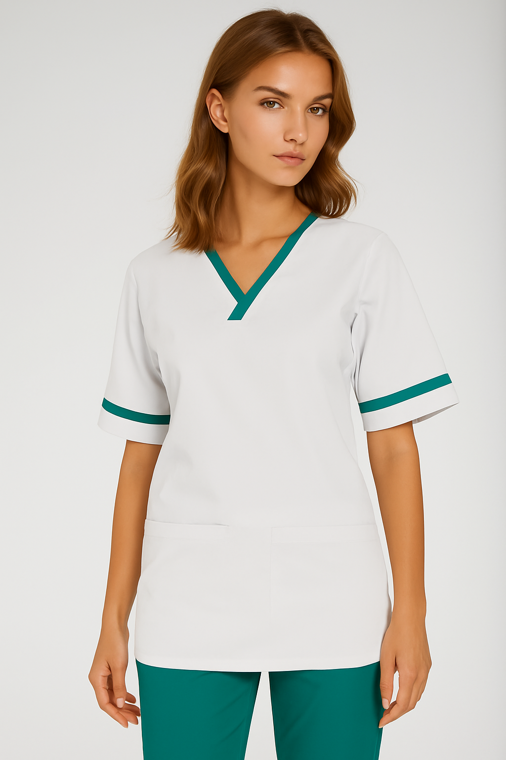 NSTT Unisex Smart Scrub Tunic (Whites) Unisex Scrub Top Behrens White/ Bottle Green Trim XS