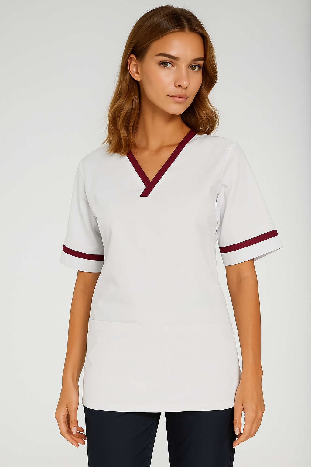 NSTT Unisex Smart Scrub Tunic (Whites) Unisex Scrub Top Behrens White/Maroon Trim XS