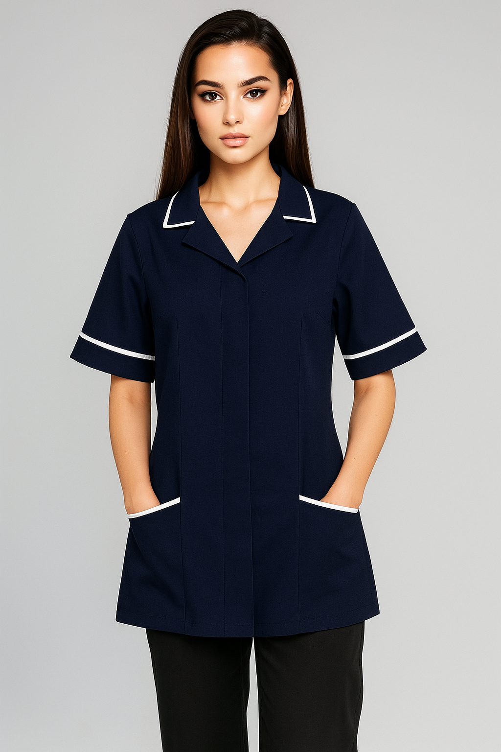 Ladies Revere Collar Tunic Ladies Healthcare Tunic Behrens Navy/White Trim 6