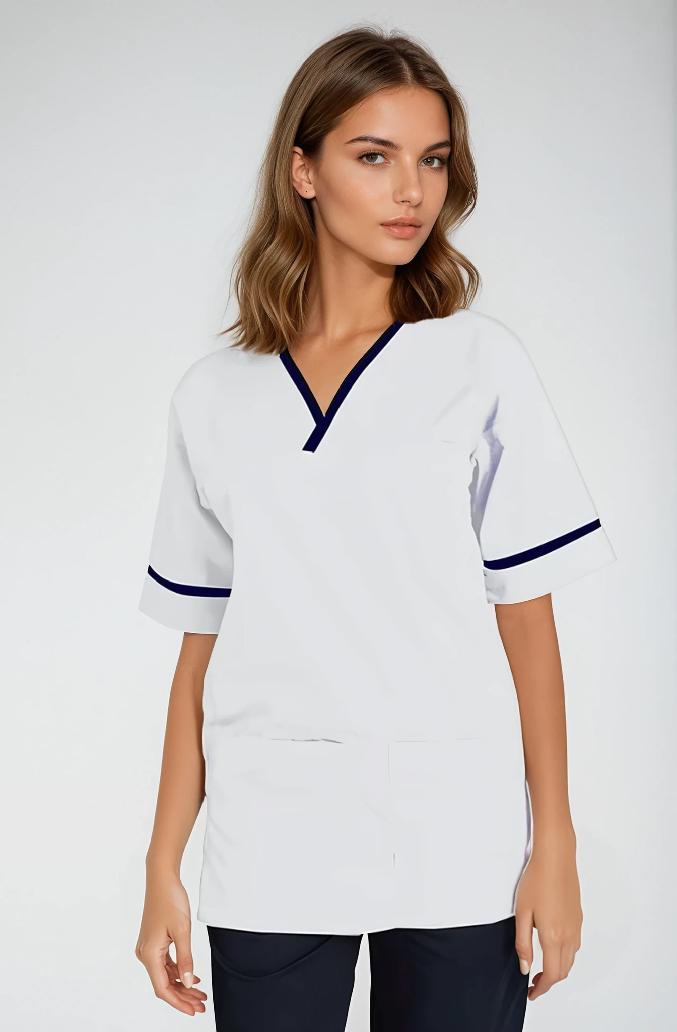 NSTT Unisex Smart Scrub Tunic (Whites) Unisex Scrub Top Behrens White/Navy Trim XS