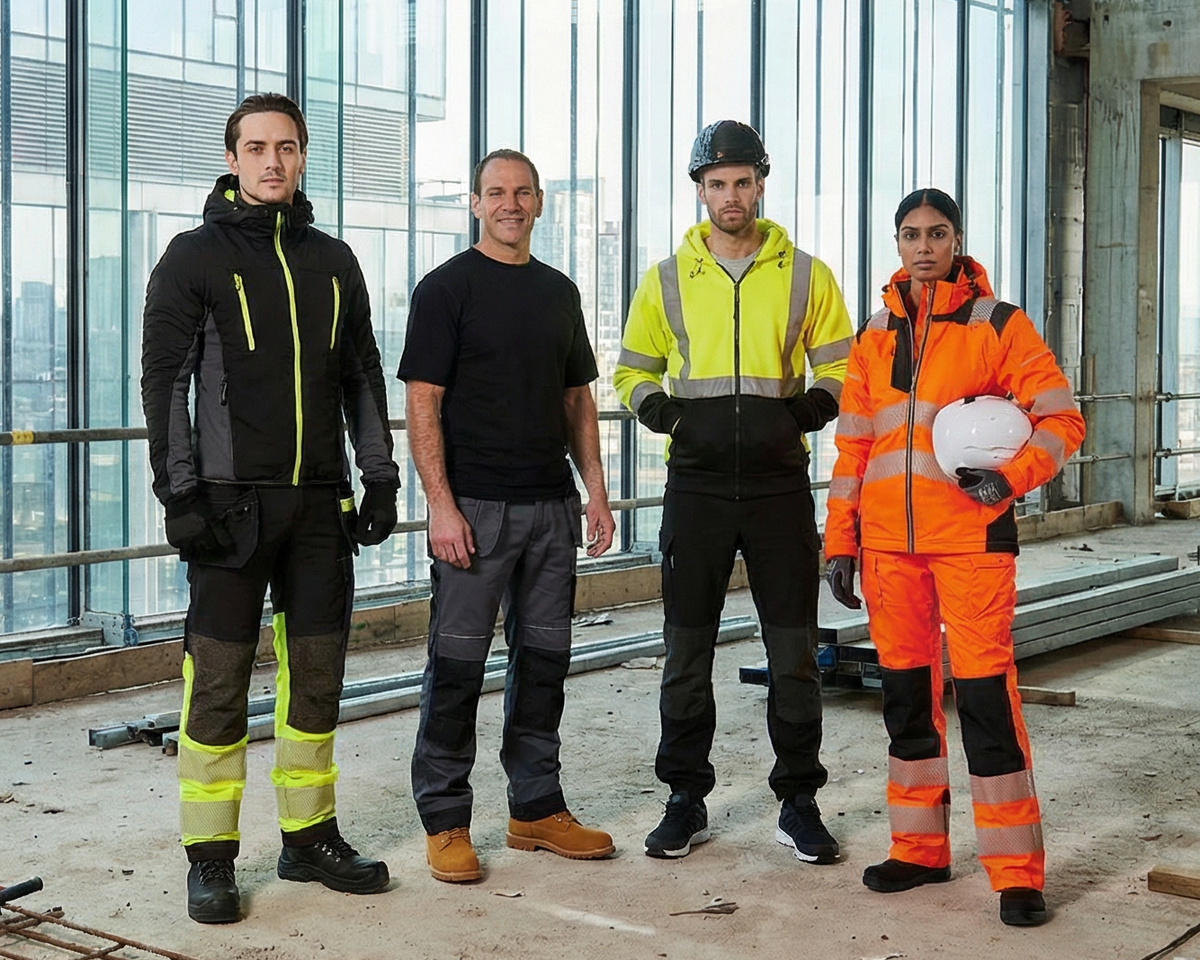 Four construction workers in high-visibility clothing standing in a large, open industrial space with large windows.