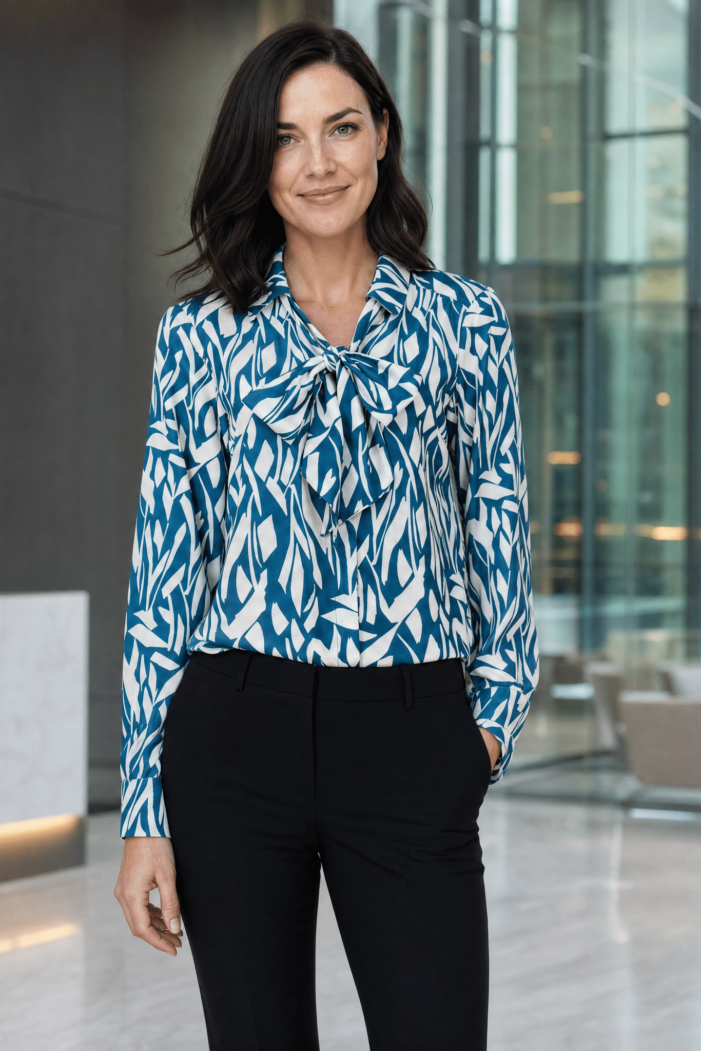 Abstract Teal Long Sleeve Blouse (Removable Tie) - The Staff Uniform Company
