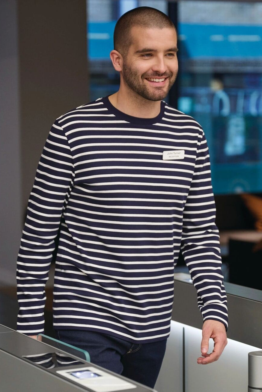 4722: Amos Long Sleeve Mens Breton Top Hospitality T-Shirts Brook Taverner Navy/White XS