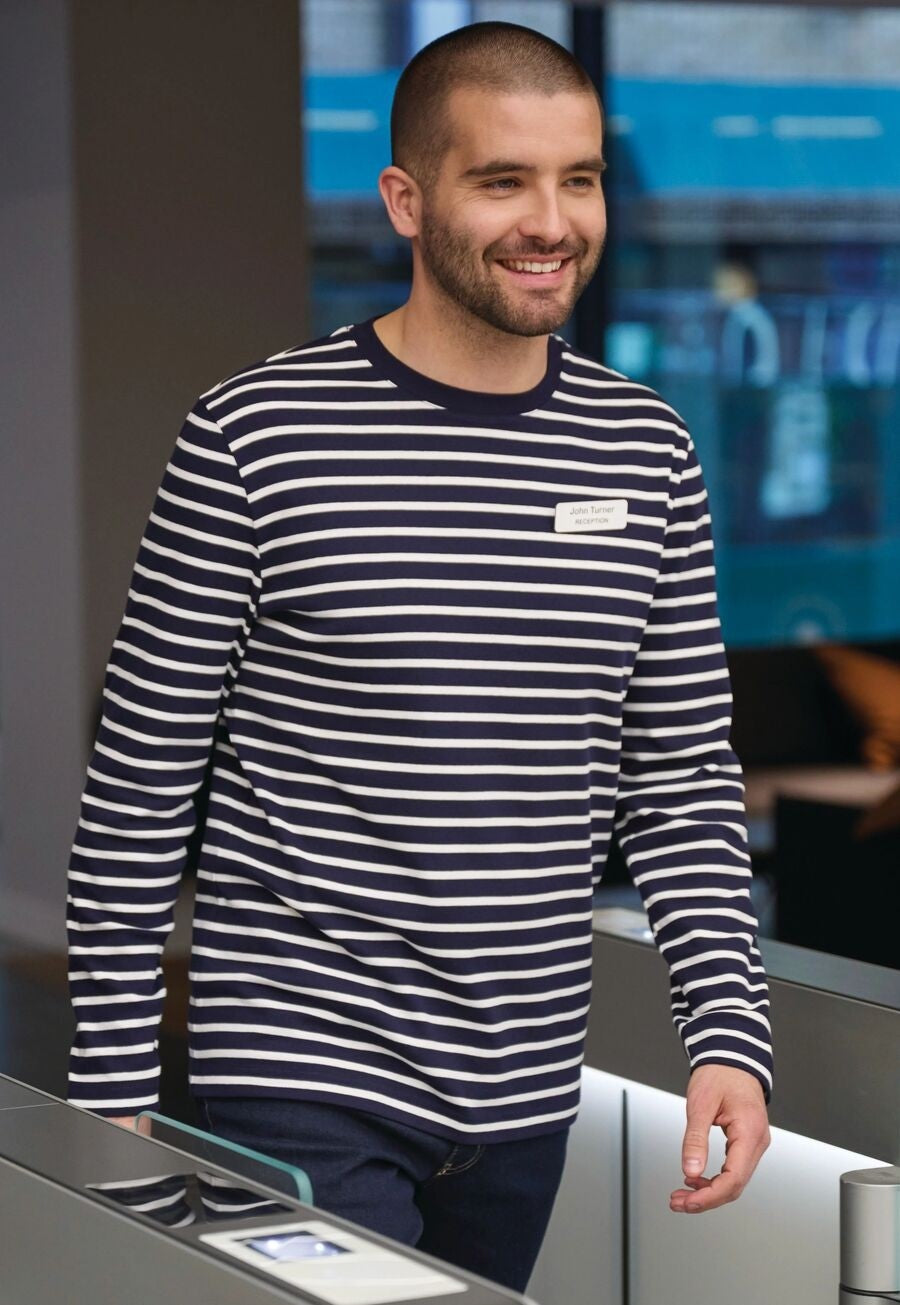 4722: Amos Long Sleeve Mens Breton Top Hospitality T-Shirts Brook Taverner Navy/White XS