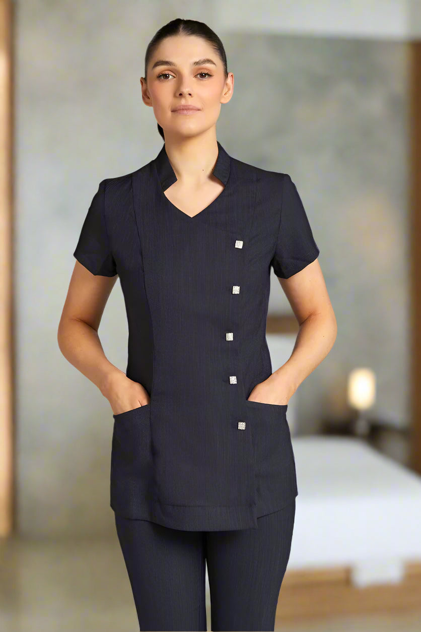 Lili Ladies Mandarin Collar Beauty Tunic Beauty Tunics Diamond Designs Navy Linen 6