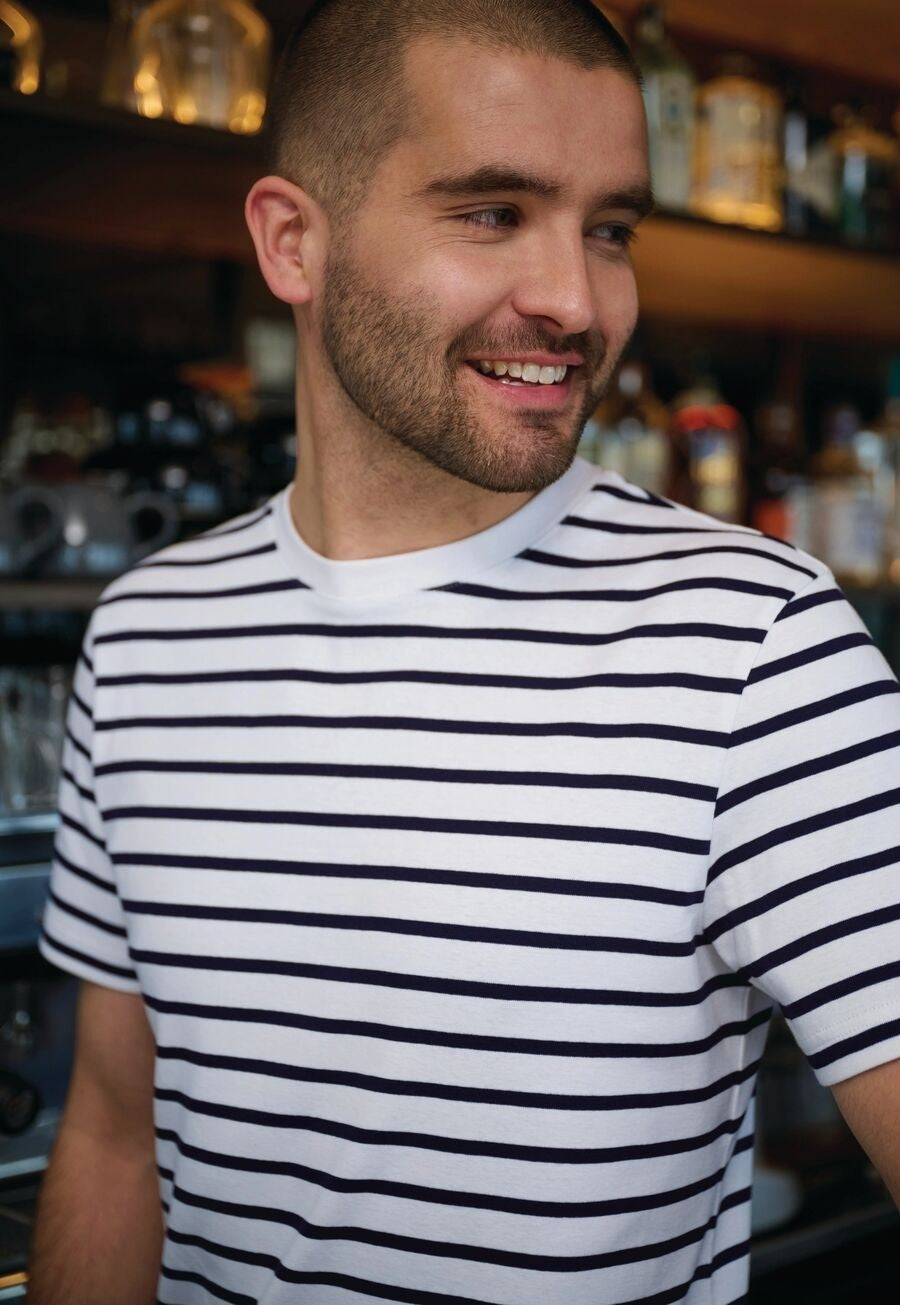 4721: Edmund Short Sleeve Mens Breton Top Hospitality T-Shirts Brook Taverner White/Navy XS