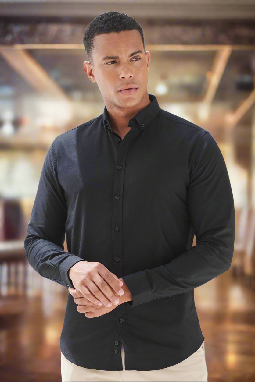 HB512: Modern Mens Long Sleeve Oxford Shirt Mens Long Sleeve Shirts Henbury Black XS Regular