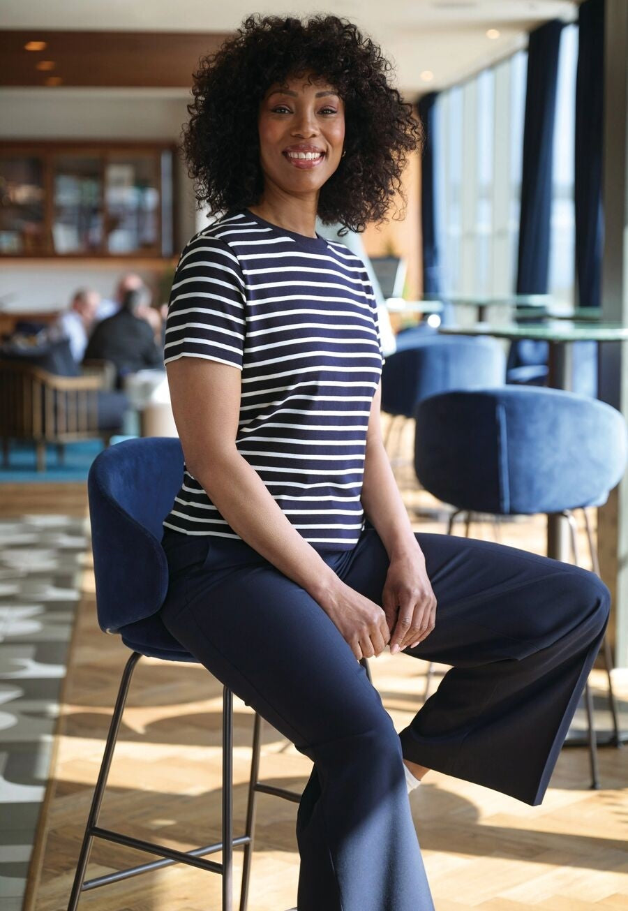 2429: Katy Short Sleeve Women's Breton Top Hospitality T-Shirts Brook Taverner Navy/White XS