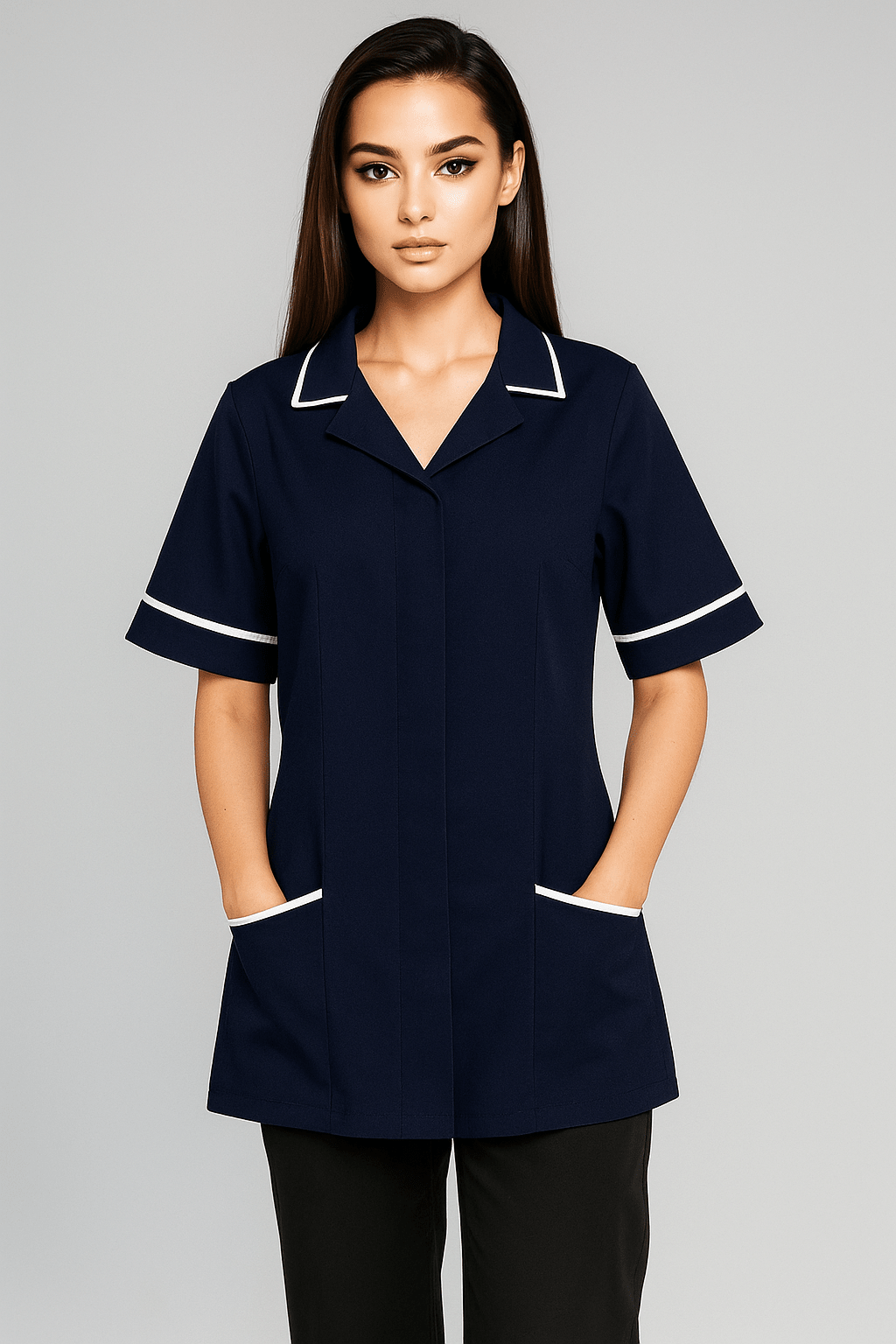 Ladies Revere Collar Tunic Ladies Healthcare Tunic Behrens Navy/White Trim 6
