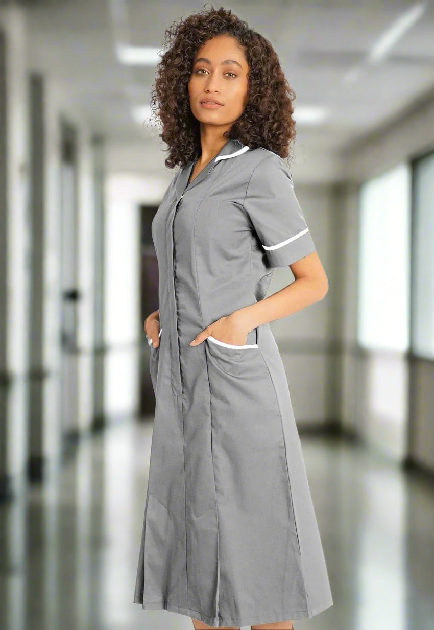 NCLD - Nurse Dress in Grey with White Trim Healthcare Dress Behrens