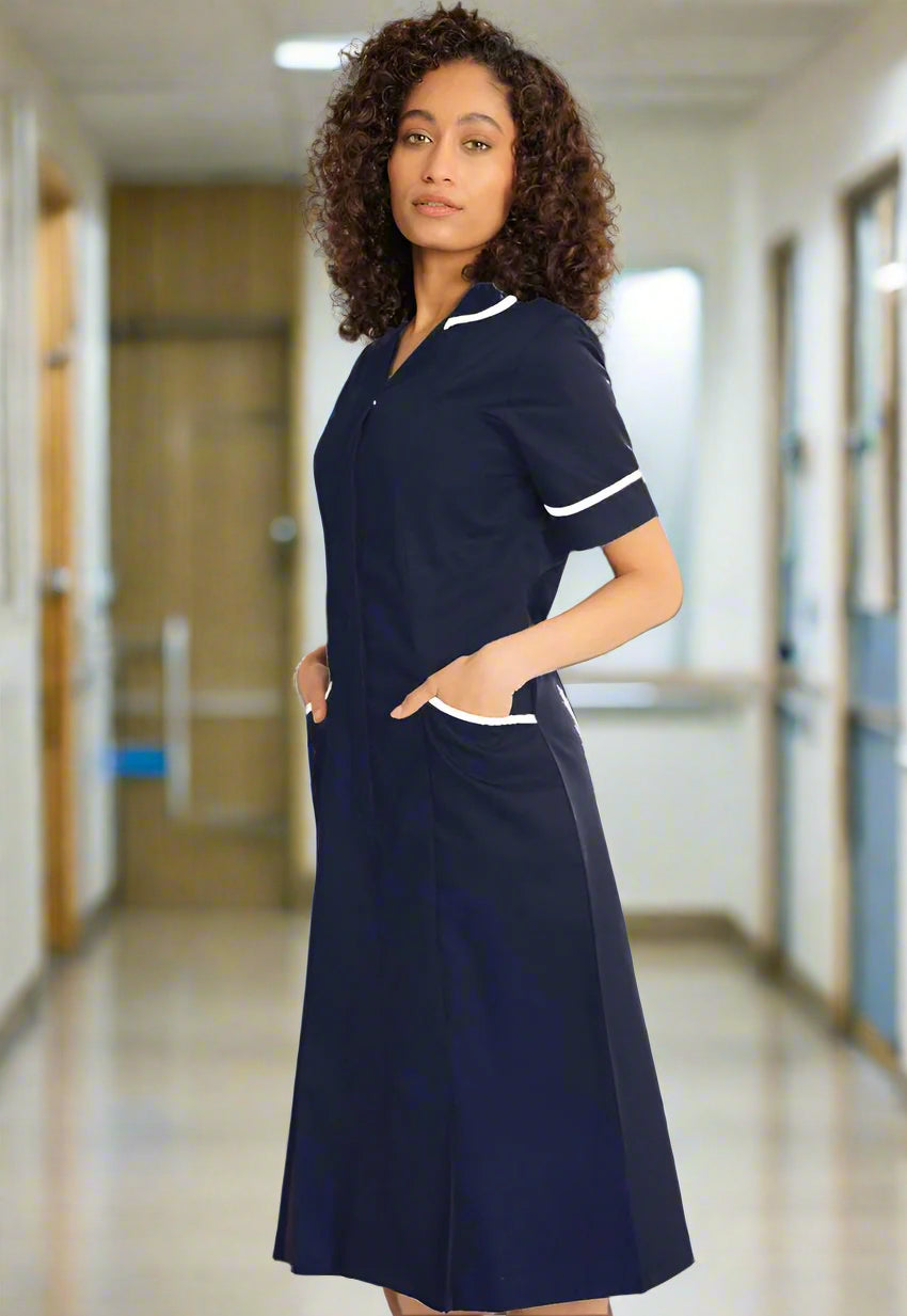 NCLD - Nurse Dress in Navy with White Trim Healthcare Dress Behrens