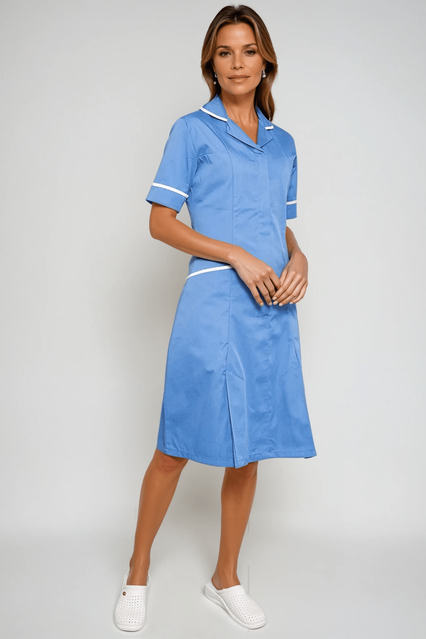 NCLD - Nurse Dress in Hospital Blue with White Trim Healthcare Dress Behrens Hospital Blue 6 Short