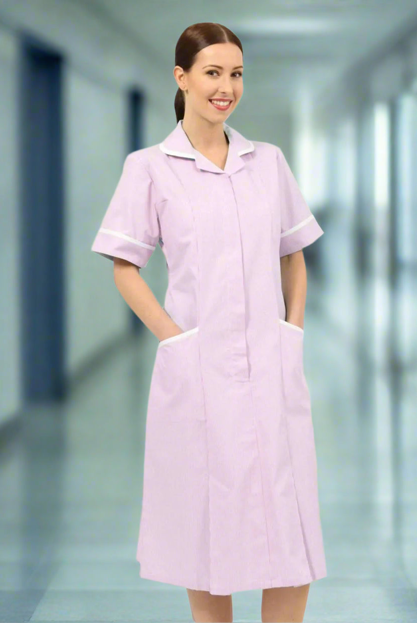 Pink/White Stripe Nurse Dress with White Trim Healthcare Dress Behrens