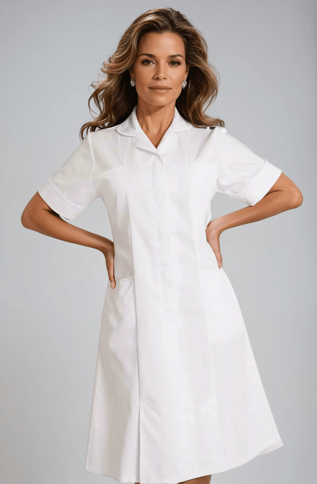 NCLD - White Nurse Dress with Epaulette Loops Healthcare Dress Behrens White 6 Short