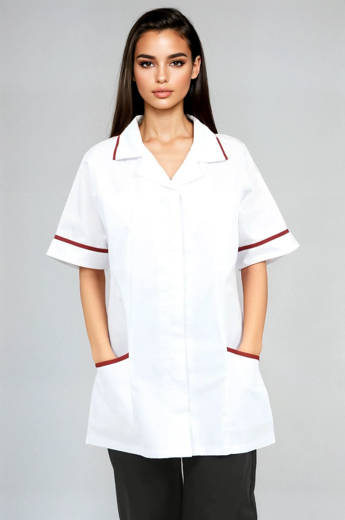 Ladies Revere Collar Tunic Ladies Healthcare Tunic Behrens White/Maroon Trim 6