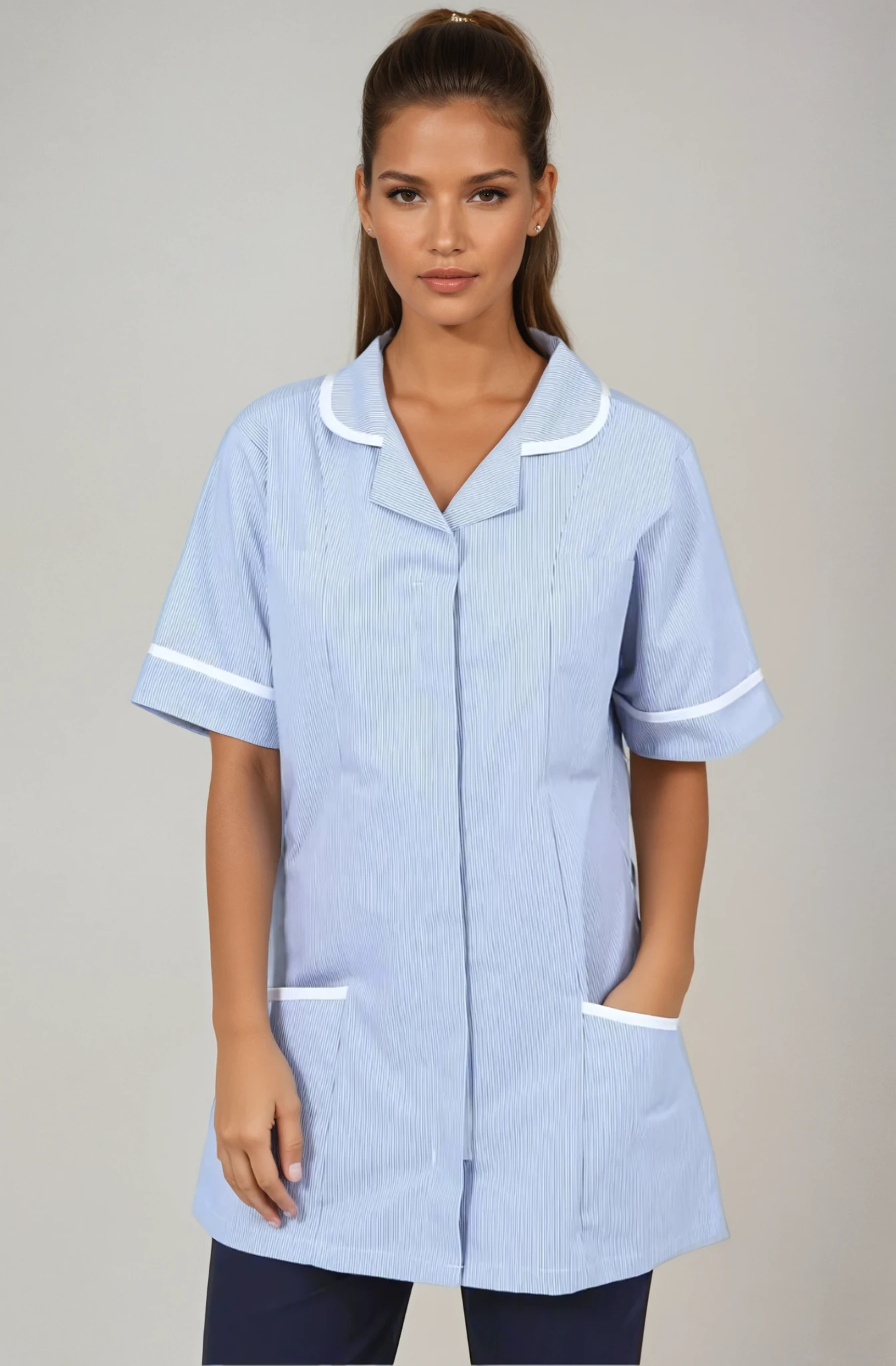 NCLTPS Round Collar Tunic (Striped) Ladies Healthcare Tunic Behrens Blue / White Stripe 6
