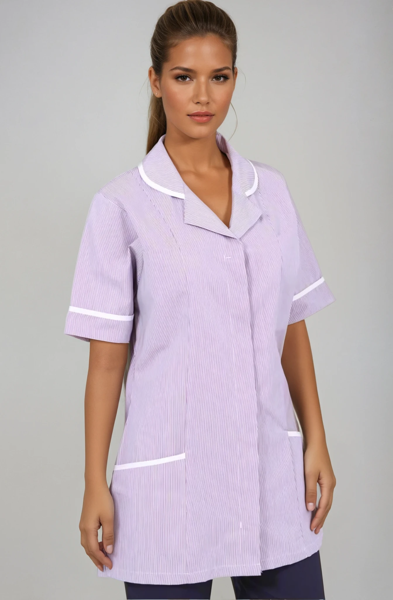 NCLTPS Round Collar Tunic (Striped) Ladies Healthcare Tunic Behrens Lilac / White Stripe 6
