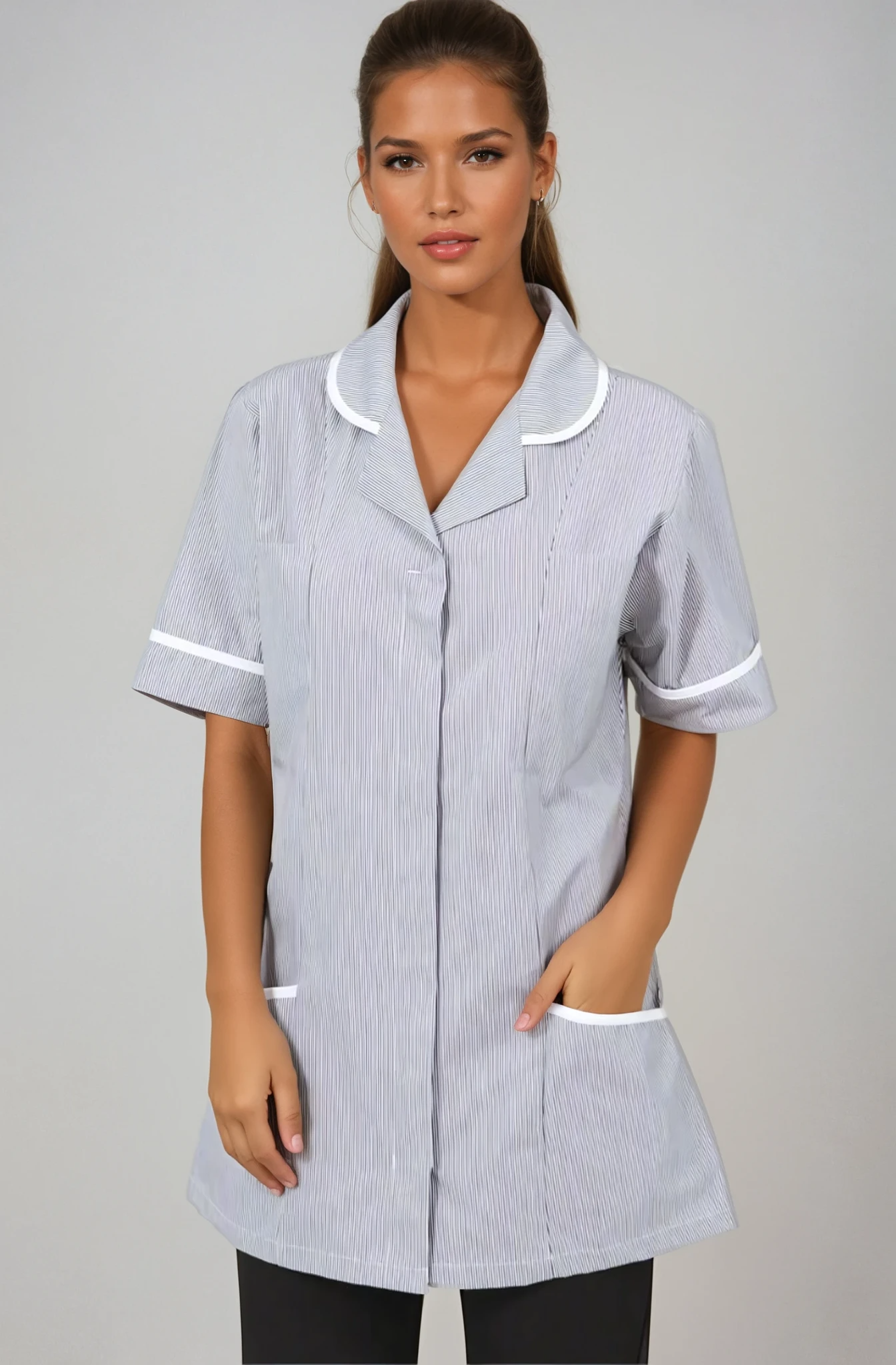 NCLTPS Round Collar Tunic (Striped) Ladies Healthcare Tunic Behrens Grey / White Stripe 6