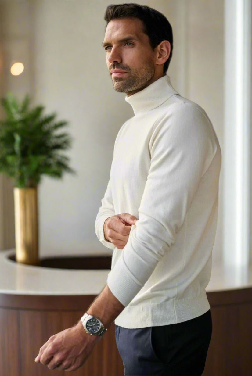 Oslo Mens Roll Neck Jumper Mens Knitwear Brook Taverner Cream XS