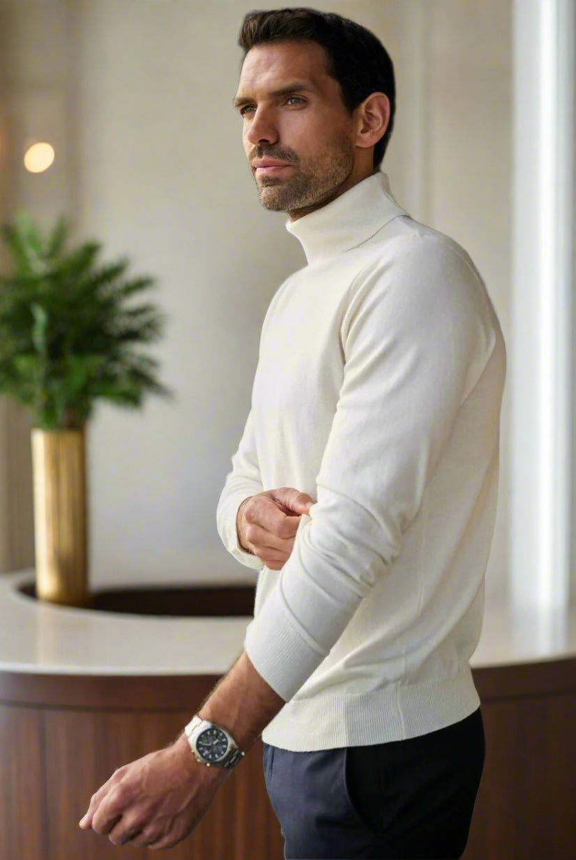 Oslo Mens Roll Neck Jumper Mens Knitwear Brook Taverner Cream XS