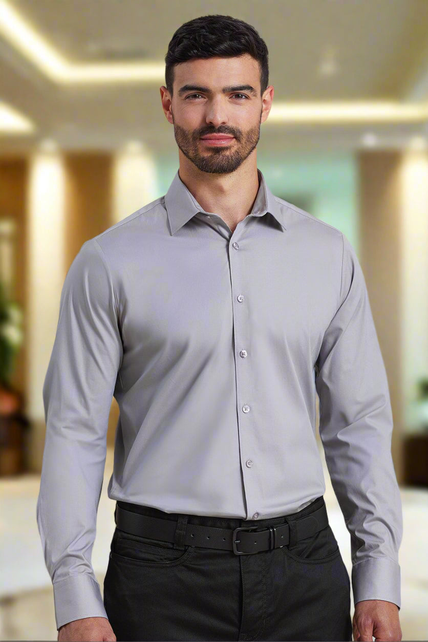 PR244: Long Sleeve Mens Poplin Shirt Mens Long Sleeve Shirts Premier Silver XS
