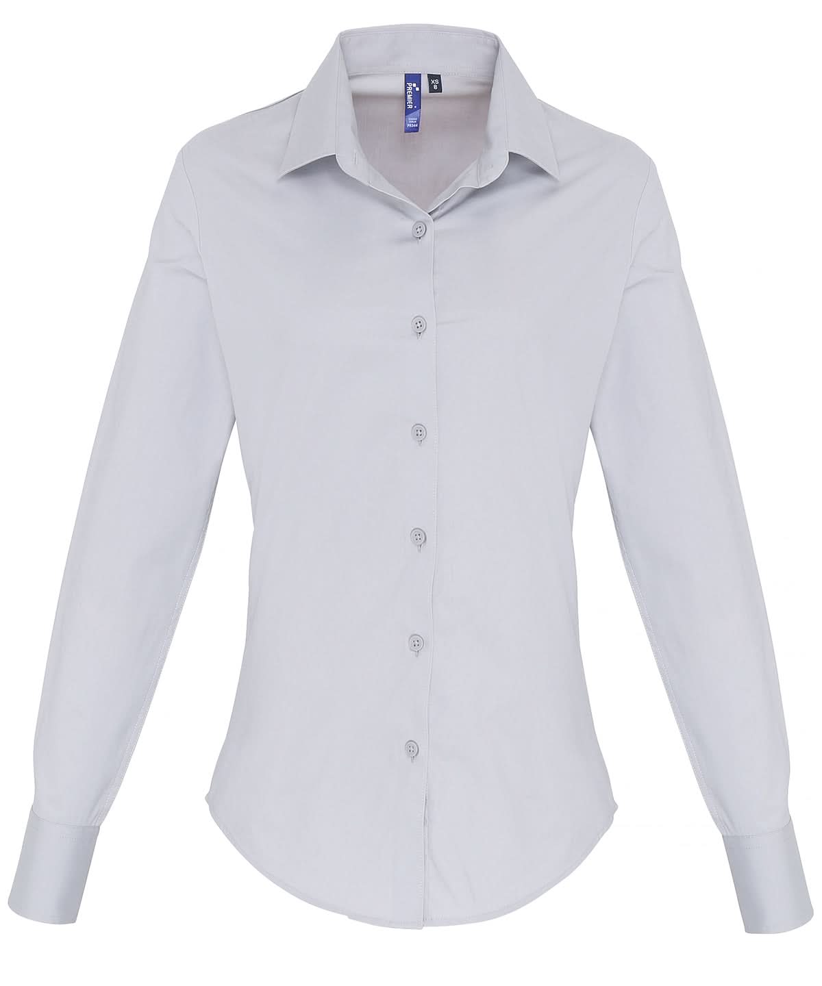 PR344: Ladies Cotton Poplin Shirt Womens Long Sleeve Shirts Premier Silver XS