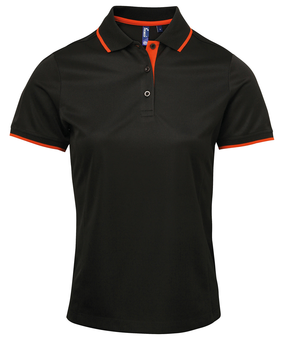 PR619: Contrast Ladies Polo Shirt Womens Polos Premier Black/Orange XS