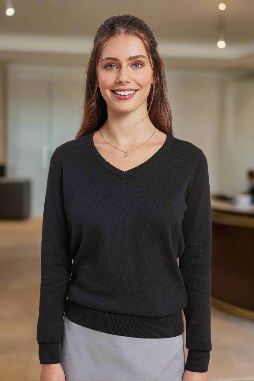 PR696: Ladies V-Neck Knitted Sweater Womens Knitwear Premier Black 8