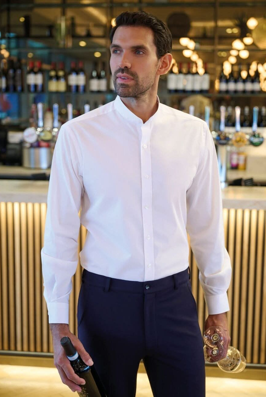 4571: Volterra Slim Fit Mens Grandad Collar Shirt Mens Long Sleeve Shirts Brook Taverner White 14.5"