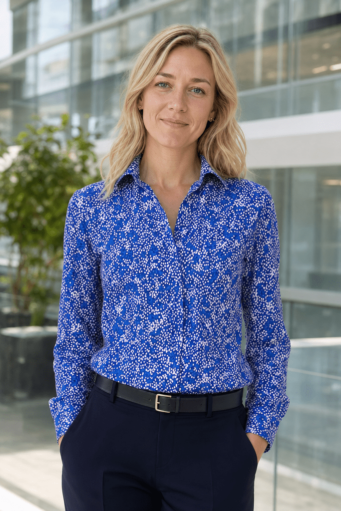 Womens Long Sleeve Blouse with Removable Tie - Blue Scatter Print Blouses Arcaras