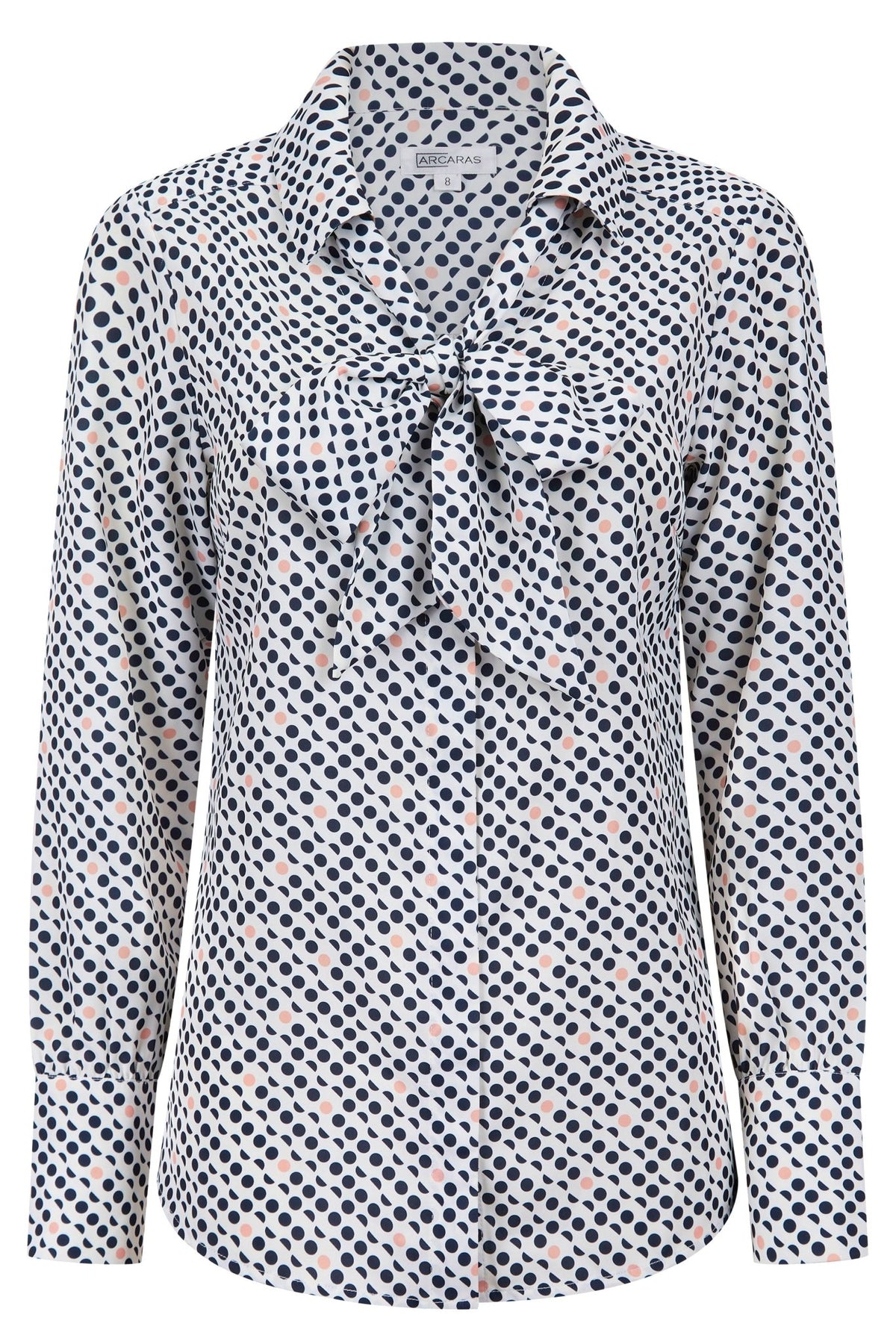 Womens Long Sleeve Blouse with Removable Tie - Pink Spot Print Blouses Arcaras White 6