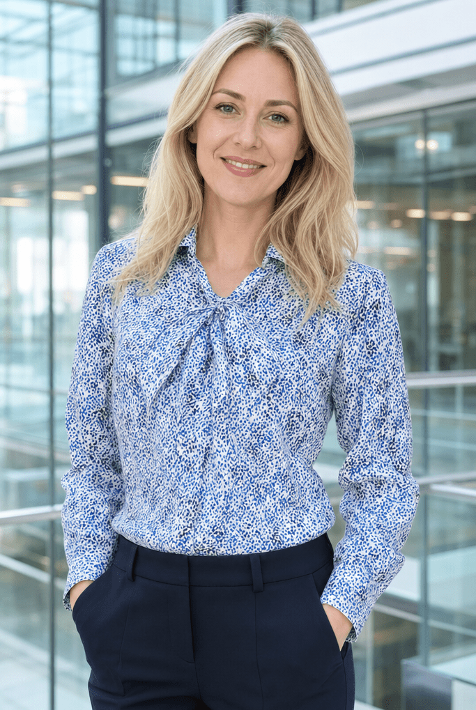 Womens Long Sleeve Blouse with Removable Tie - White Scatter Print Blouses Arcaras