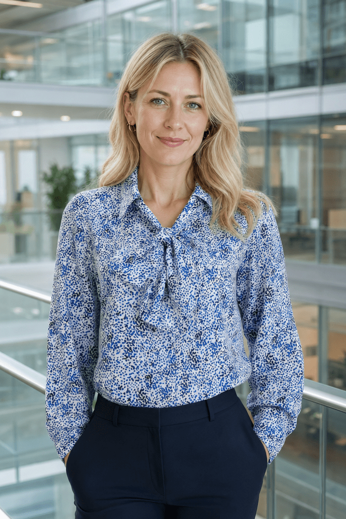 Womens Long Sleeve Blouse with Removable Tie - White Scatter Print Blouses Arcaras