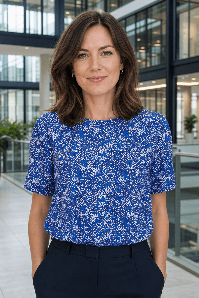 Womens Round Neck Pleat Shoulder Blouse - Blue Scatter Print Blouses Arcaras