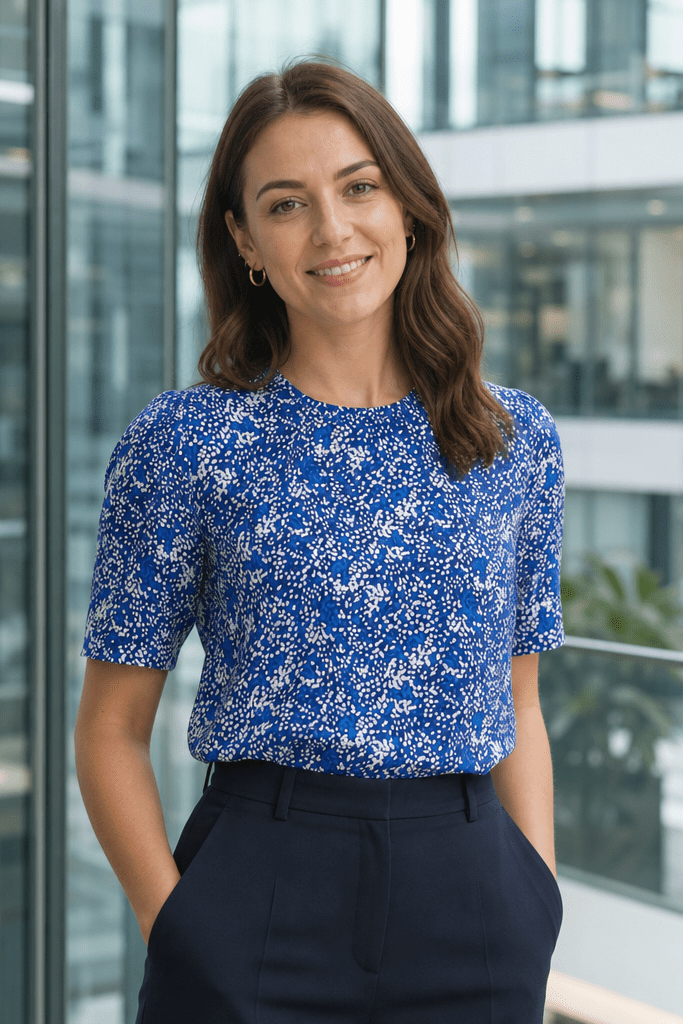 Womens Round Neck Pleat Shoulder Blouse - Blue Scatter Print Blouses Arcaras Blue 6