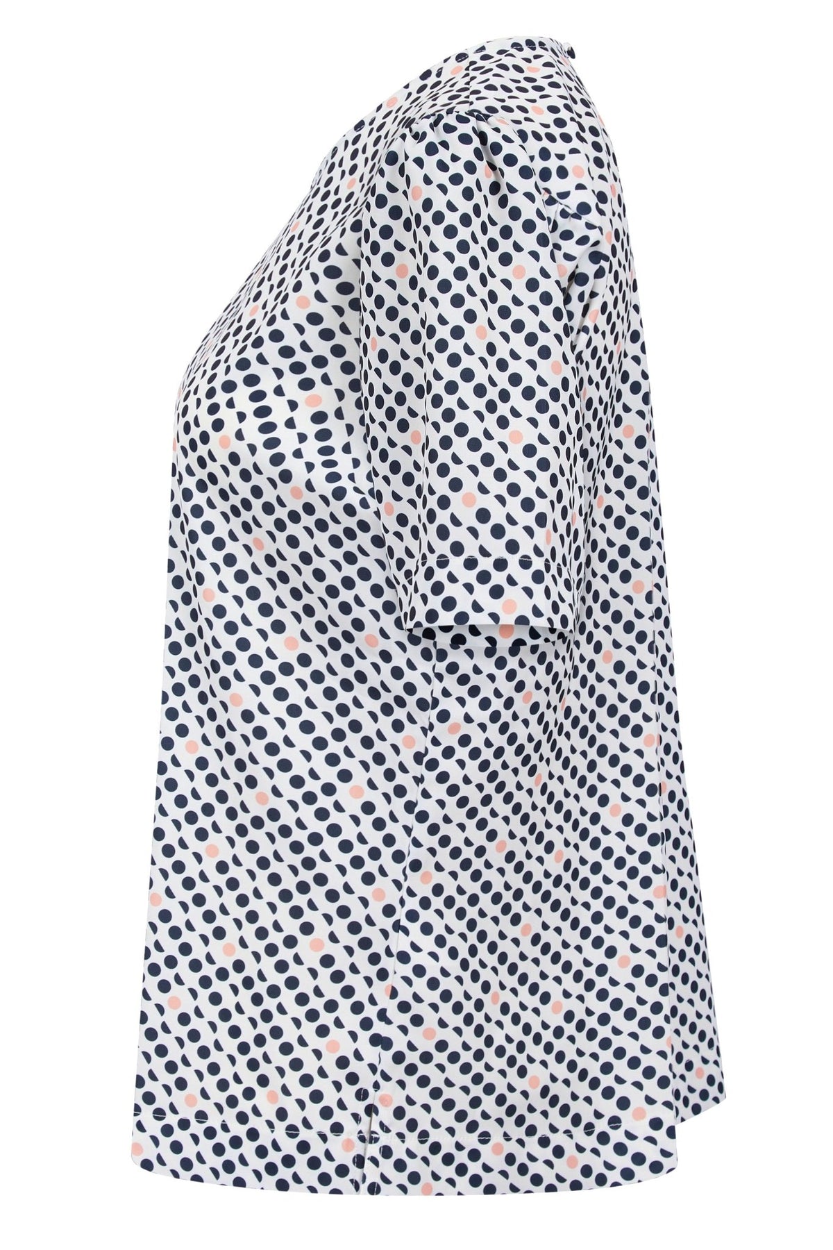 Womens Round Neck Pleat Shoulder Blouse - Pink Spot Print Blouses Arcaras