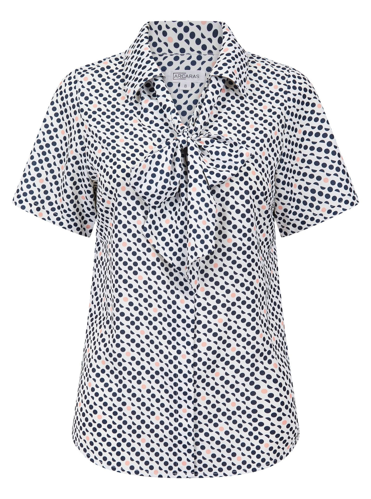 Womens Short Sleeve Blouse with Removable Tie - Pink Spot Print Blouses Arcaras