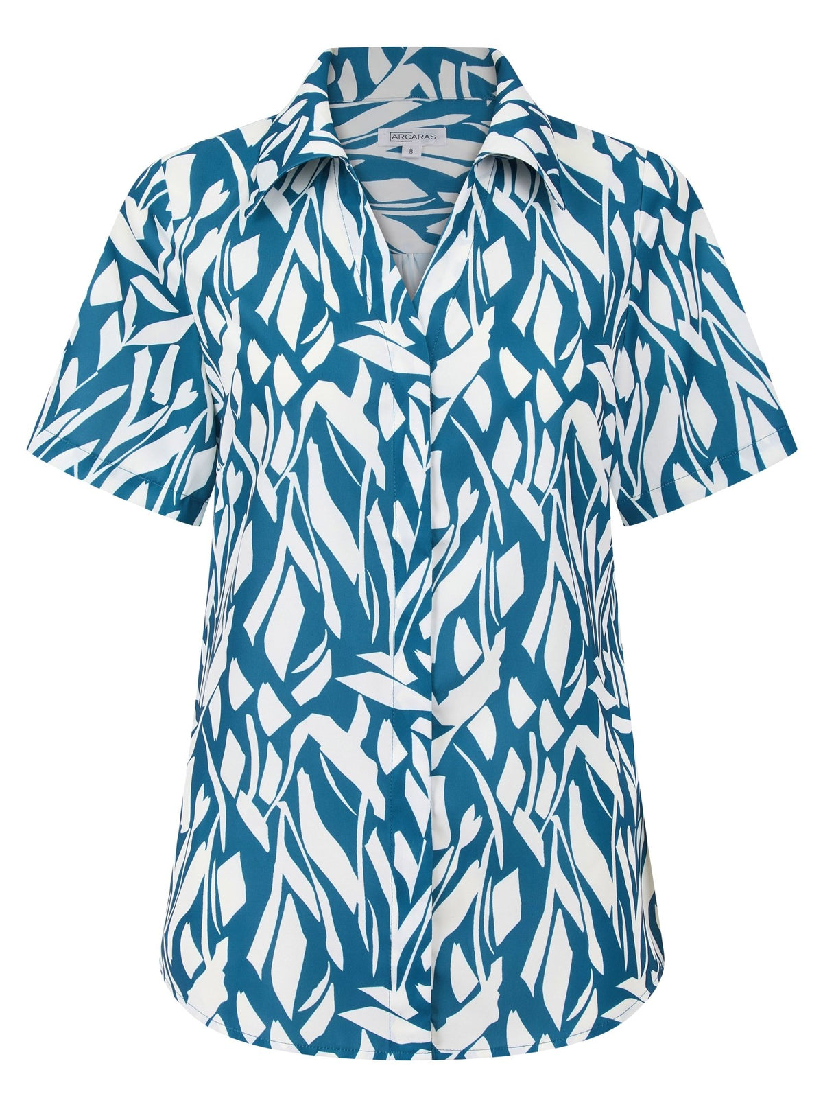 Womens Short Sleeve Blouse with Removable Tie - Teal Abstract Print Blouses Arcaras
