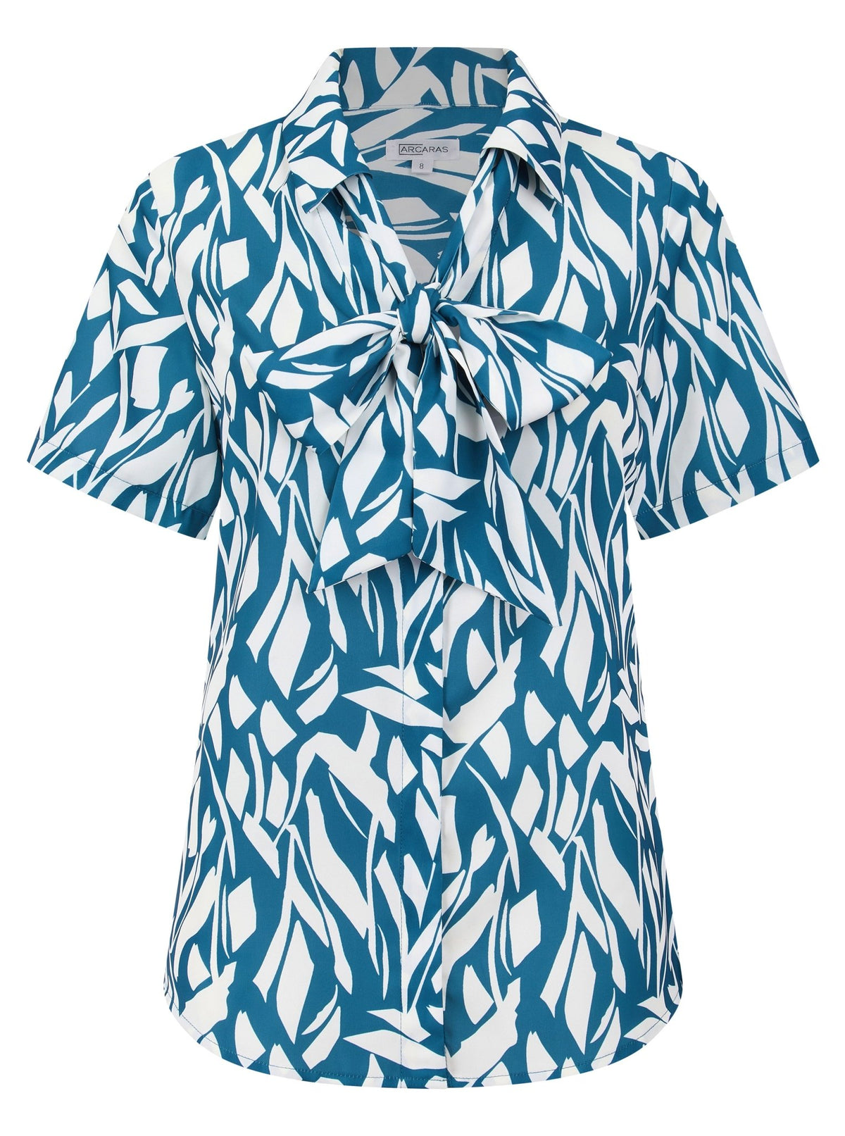 Womens Short Sleeve Blouse with Removable Tie - Teal Abstract Print Blouses Arcaras