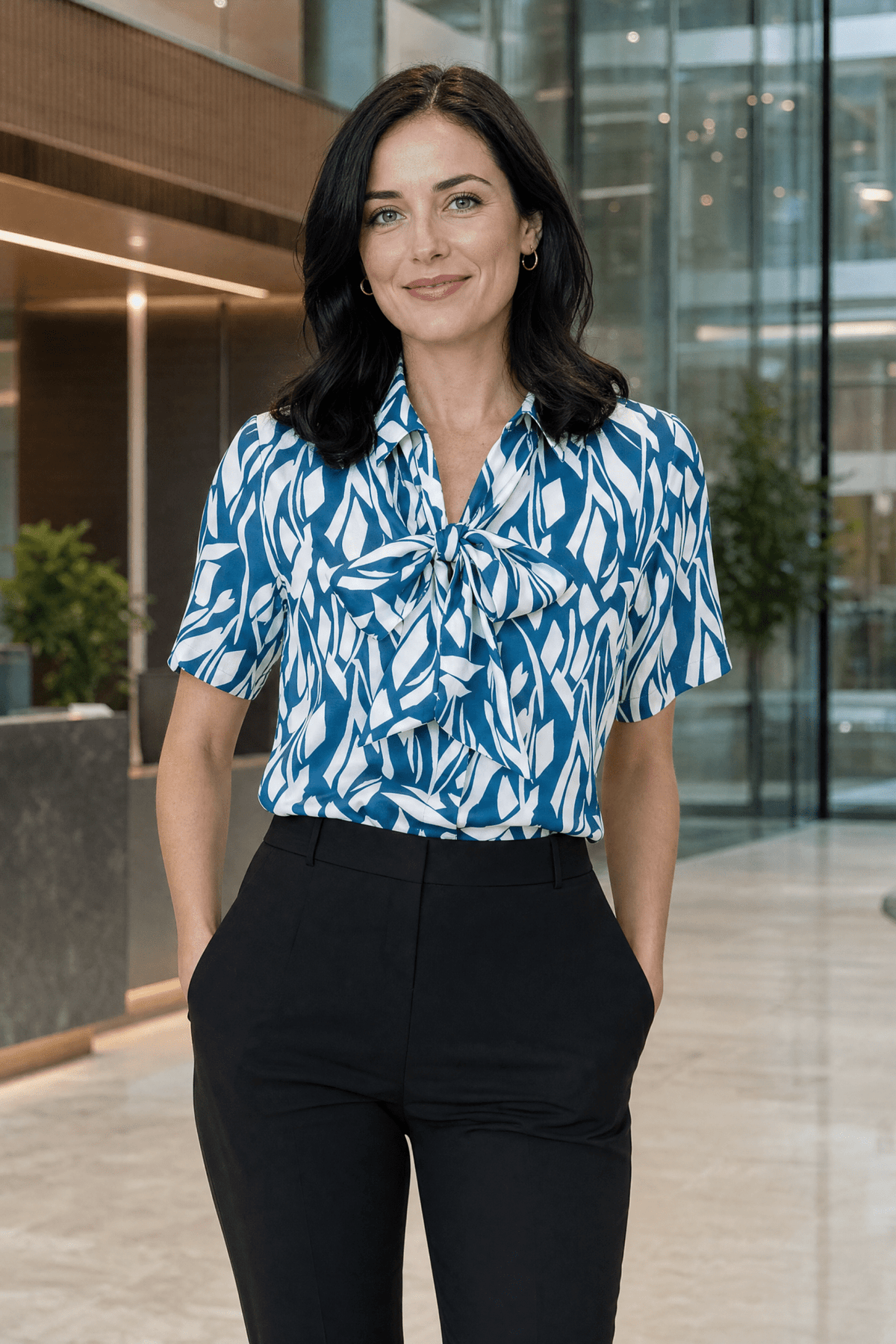Womens Short Sleeve Blouse with Removable Tie - Teal Abstract Print Blouses Arcaras