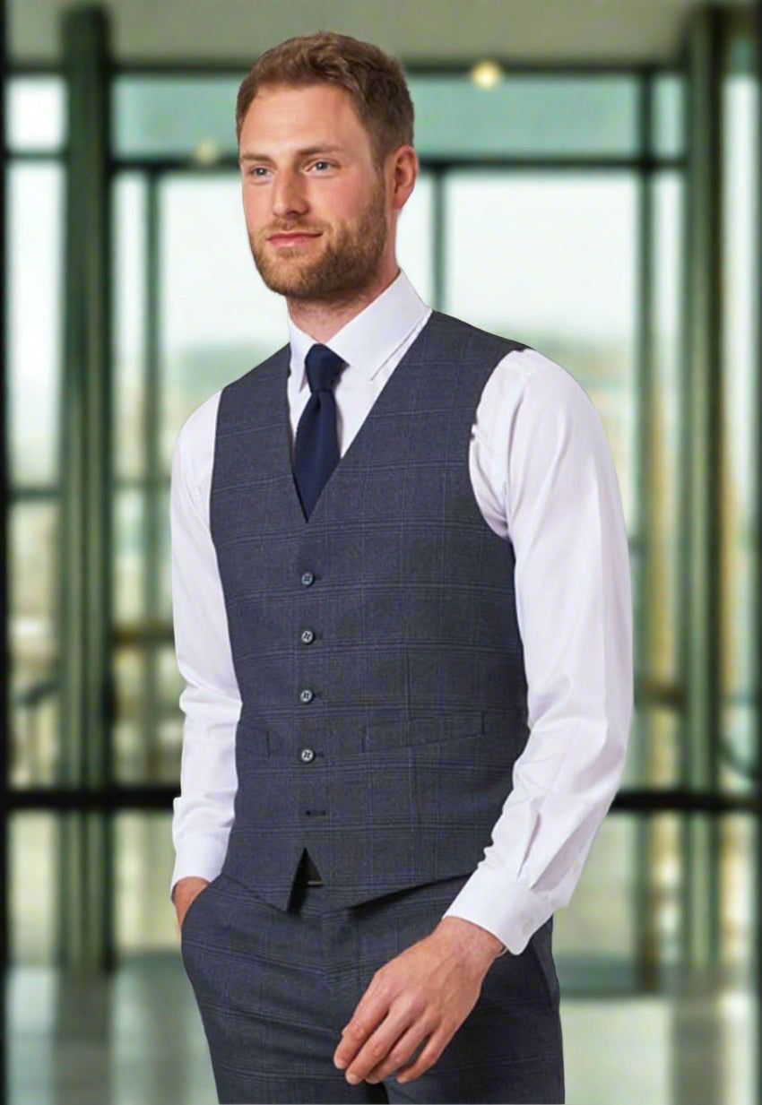 1726: Emilio Mens Check Pattern Waistcoat Mens Waistcoat Brook Taverner Navy Check Small