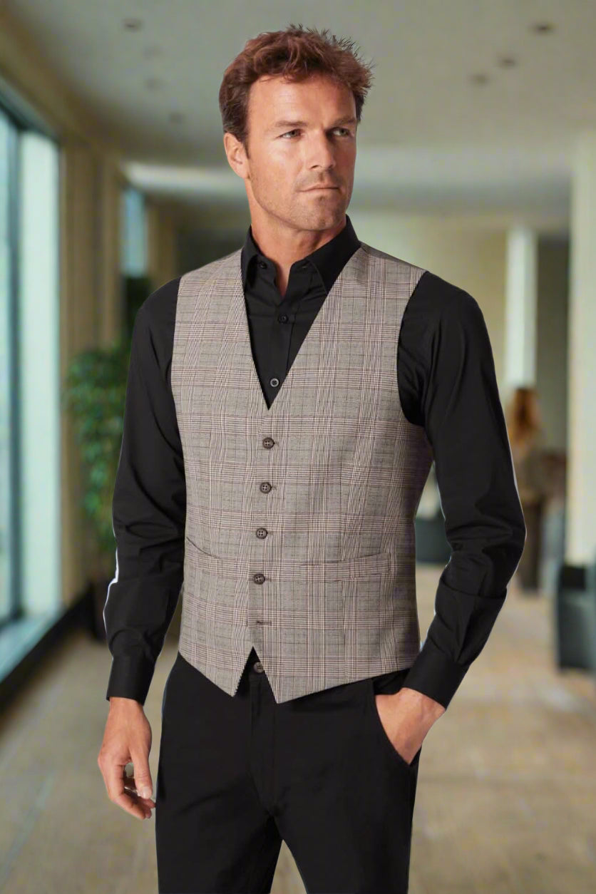 1726: Emilio Mens Check Pattern Waistcoat Mens Waistcoat Brook Taverner Grey Check Small